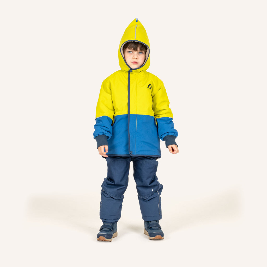 Kinderjacke: gelb-blau mit Kapuze, dunkle Bündchen und zentralem Reißverschluss