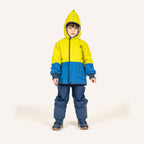 Kinderjacke: gelb-blau mit Kapuze, dunkle Bündchen und zentralem Reißverschluss