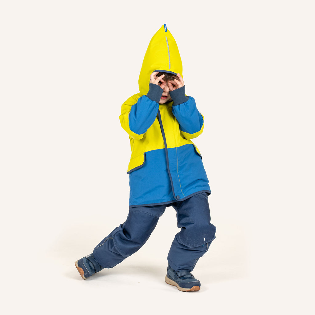Kinderjacke gelb-blau mit Kapuze: Kunstfellkragen, seitliche Taschen und Bündchen