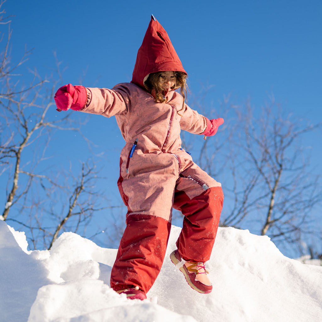 Kinder-Schneeanzug mit Kapuze in Rosa und Rot, mit Fäustlingen