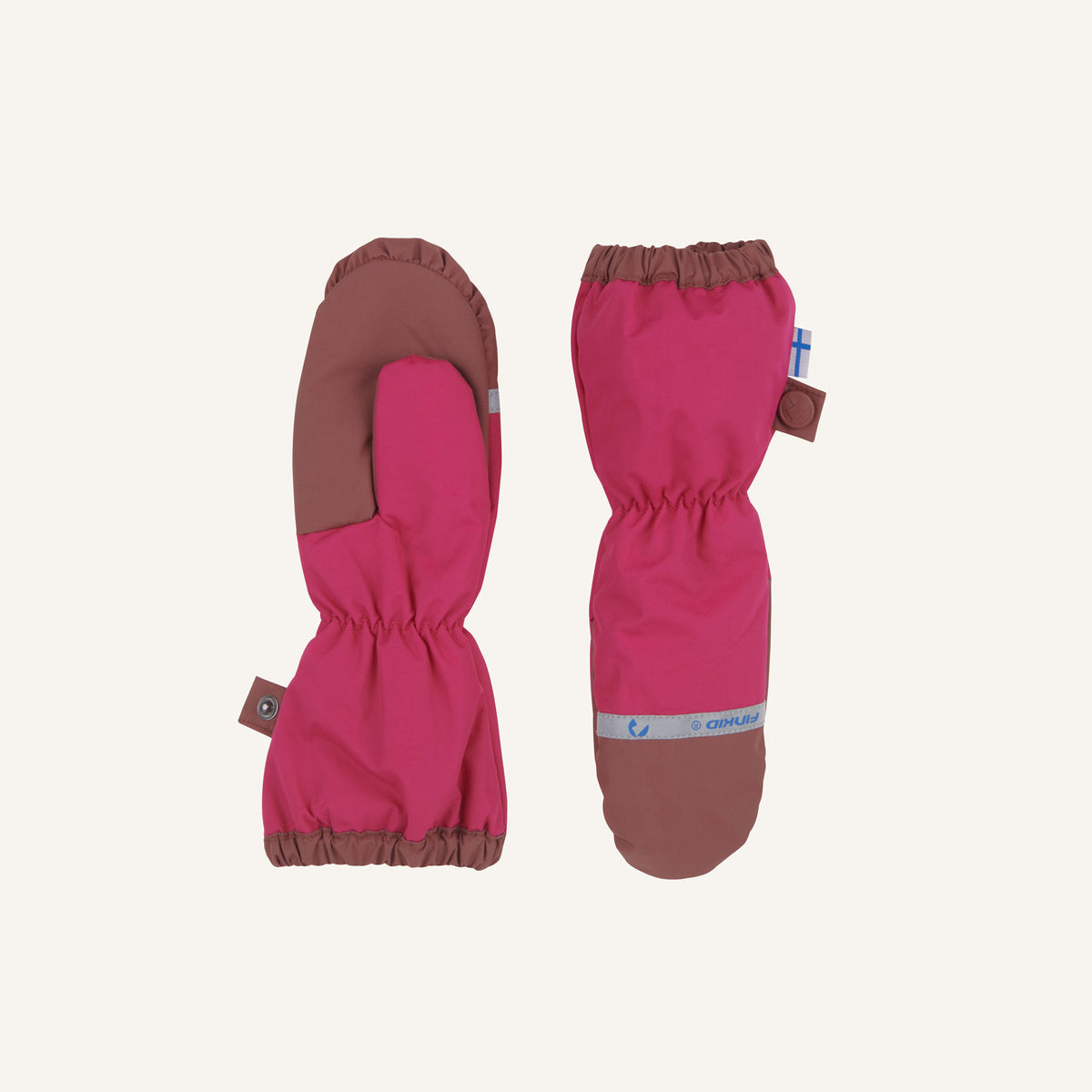 Paar Fäustlinge in bordeaux und pink mit elastischem Bündchen und kleinem Größen-Tag