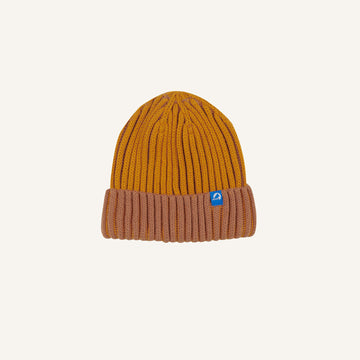 Kids' knit beanie, mustard yellow with beige fold-over cuff and embroidered logo