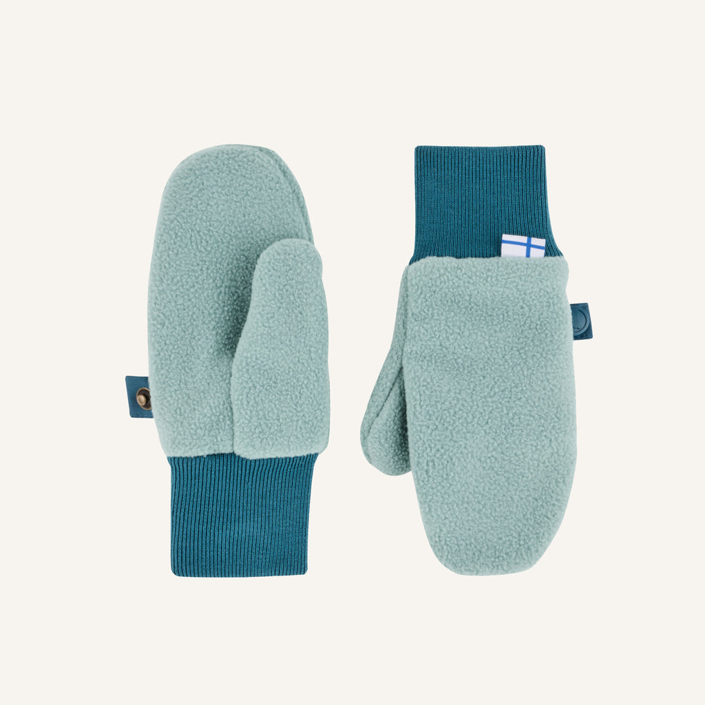 Turquoise teddy fleece mittens with ribbed cuffs and Velcro