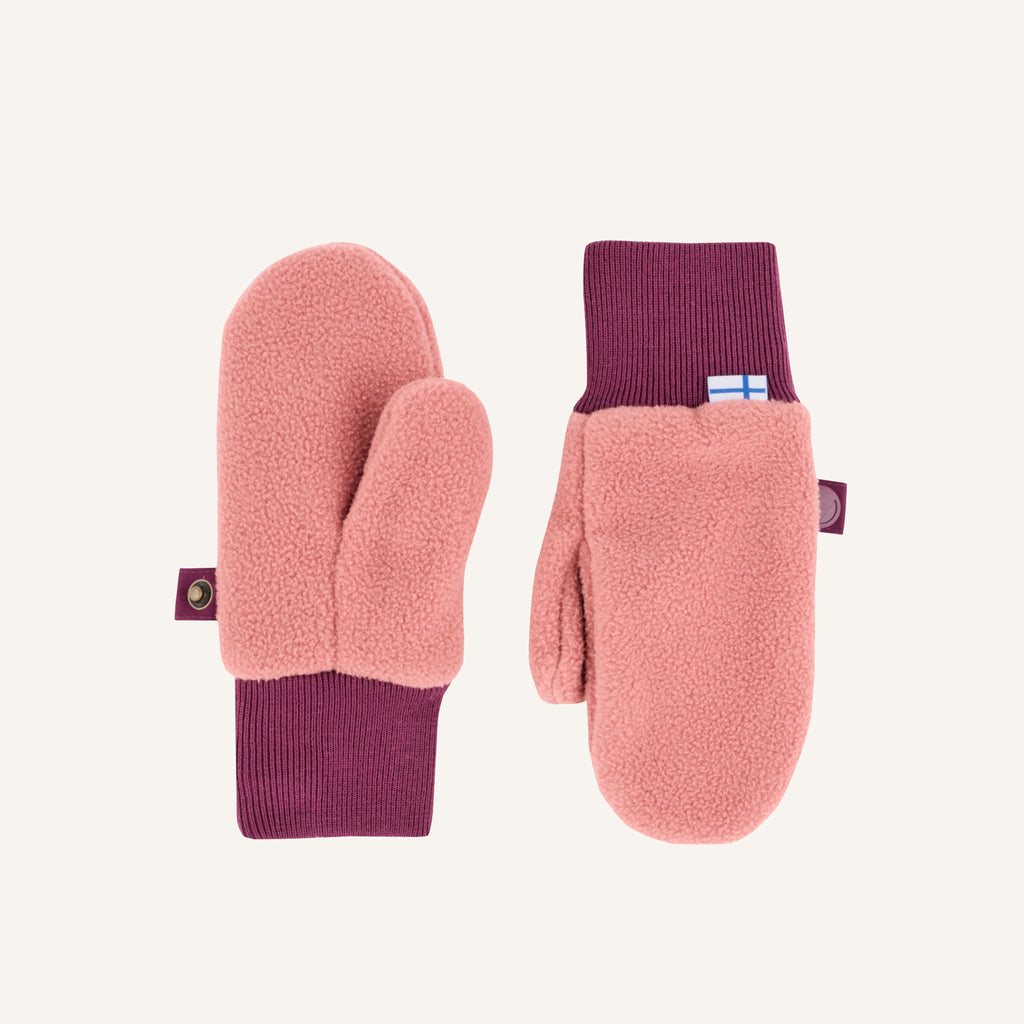 Pink teddy fleece mittens with purple ribbed cuff and Velcro