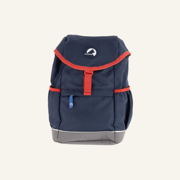 Dunkelblauer Rucksack mit orangefarbenen Akzenten und grauem Boden