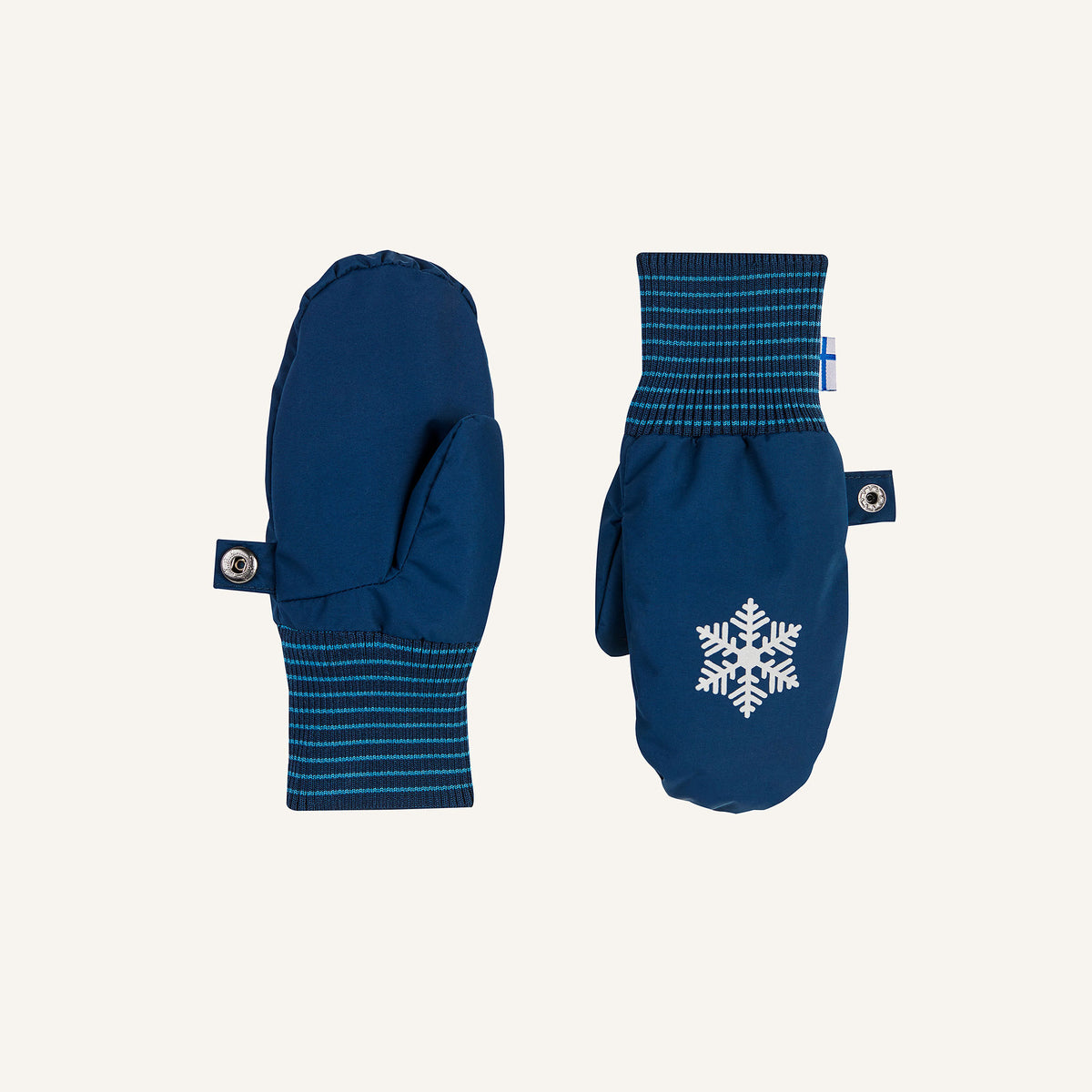 Children's dark blue winter mittens with striped cuffs and snowflake design