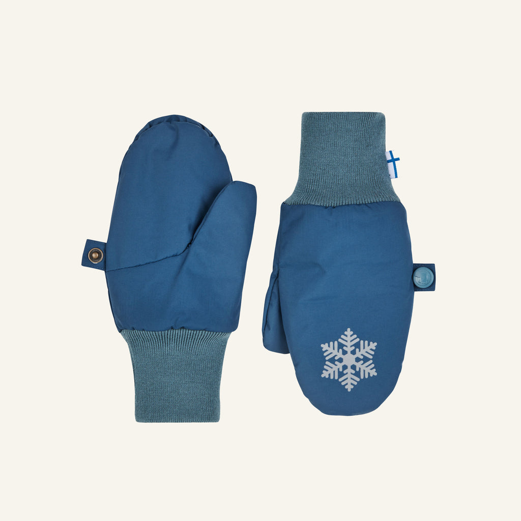 Blue kids' winter mittens with grey cuffs and snowflake appliqué
