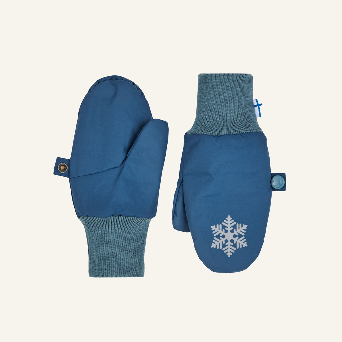 Blue kids' winter mittens with grey cuffs and snowflake appliqué
