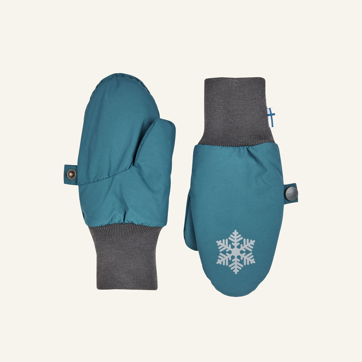 Children's winter mittens in petrol blue with gray cuffs and snowflake pattern