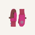 Pink kids' winter mittens with striped cuffs and snowflake print