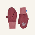 Kids' winter mittens in wine red with pink cuffs and snowflake motif