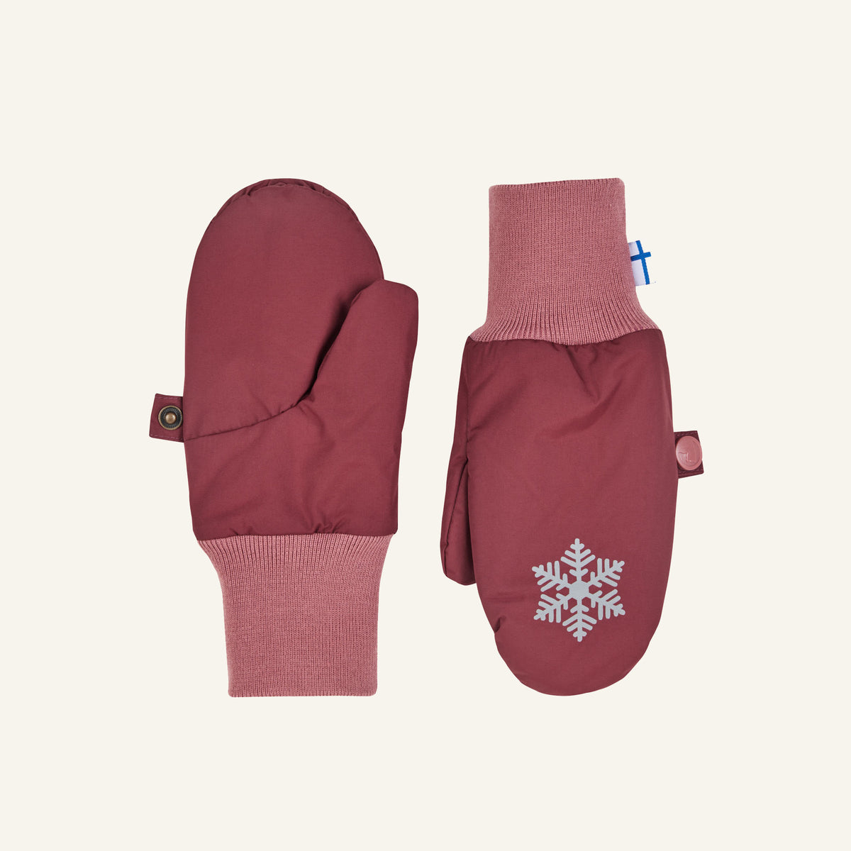 Kids' winter mittens in wine red with pink cuffs and snowflake motif