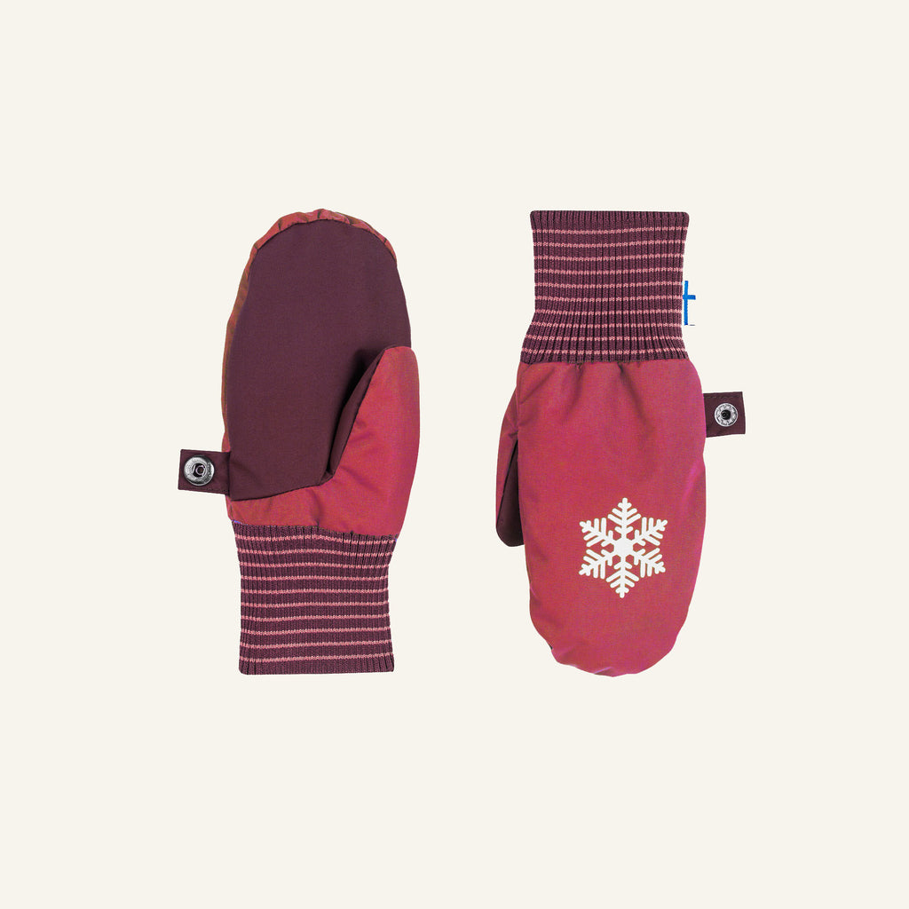 Kids' winter mittens in burgundy with dark striped cuffs and a snowflake