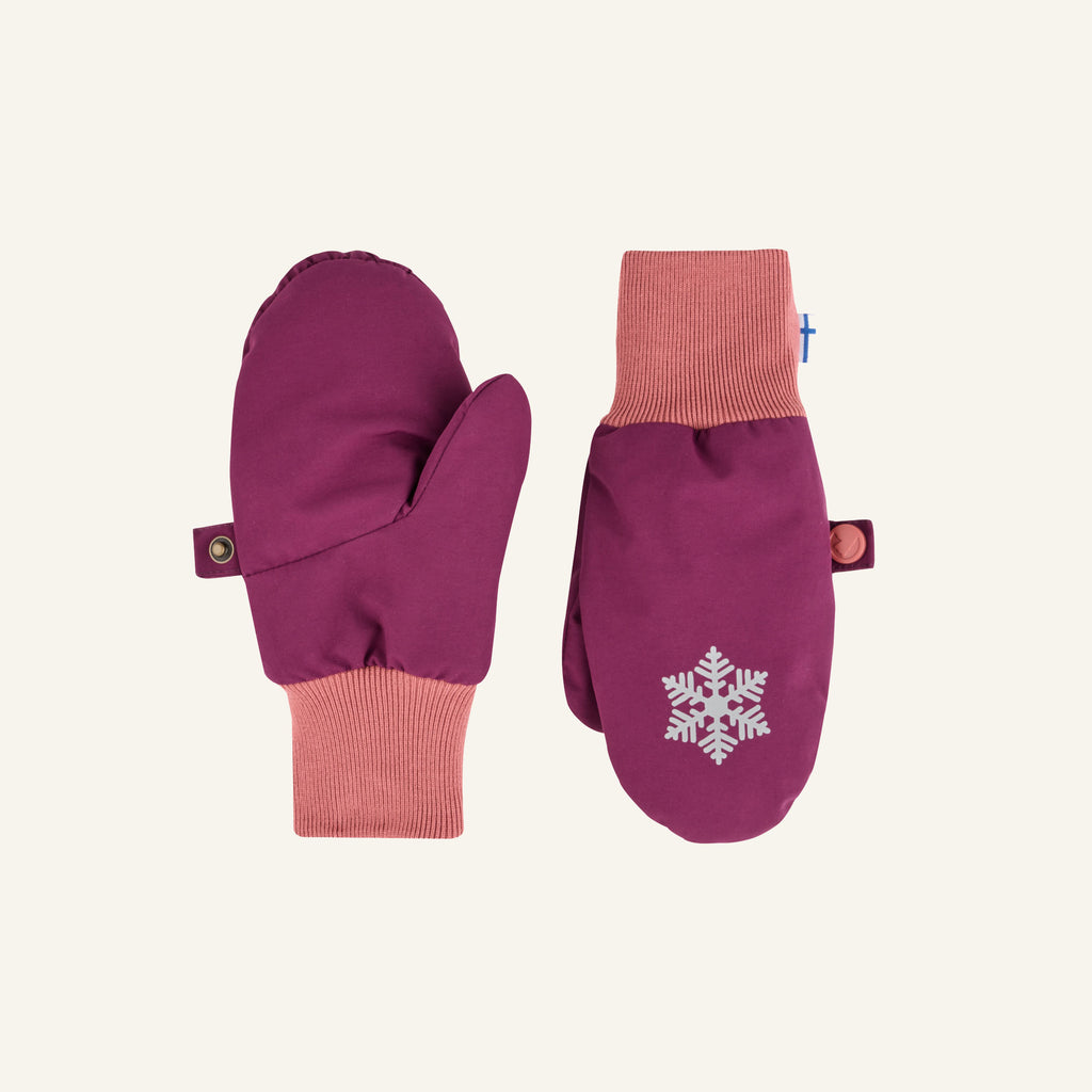 Children's dark purple winter mittens with pink cuffs and snowflake pattern
