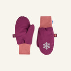 Children's dark purple winter mittens with pink cuffs and snowflake pattern