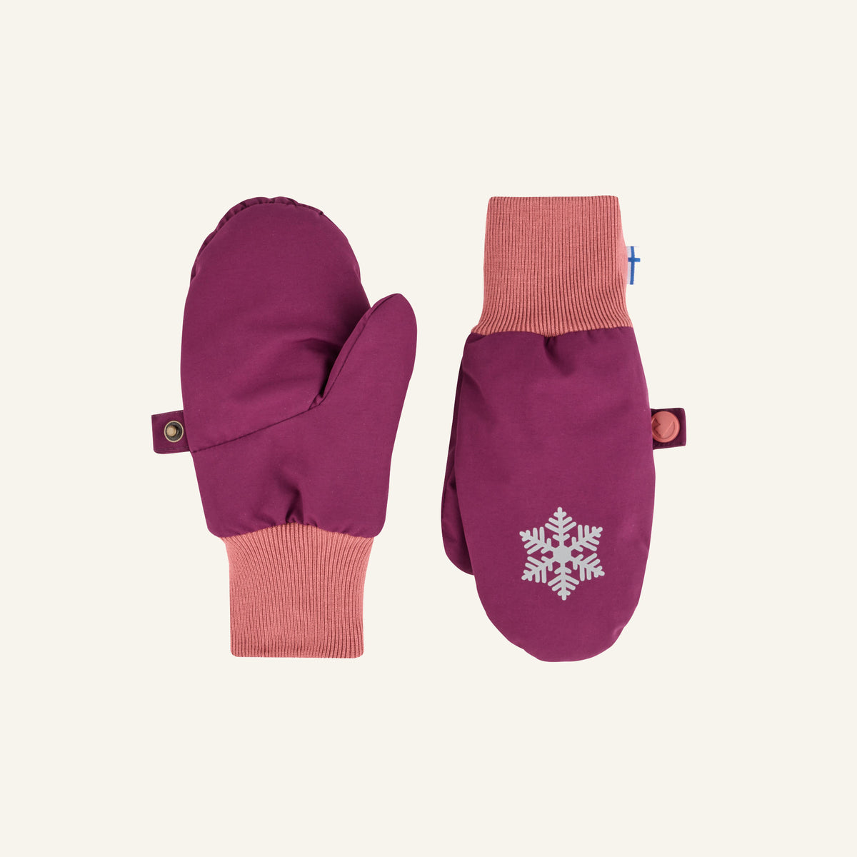 Children's dark purple winter mittens with pink cuffs and snowflake pattern