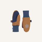 Children's brown winter mittens with dark blue cuffs and snowflake pattern