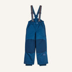 Dark blue children's bib overalls with shoulder straps, button placket, and cuffs at the leg hems