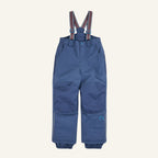 Navy blue kids' overalls with front pockets and adjustable straps with colorful stripes