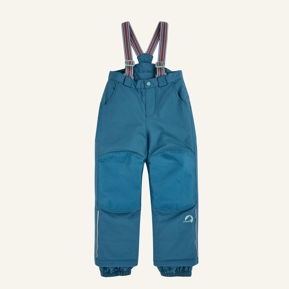 Turquoise children's overalls with front zipper placket and straps with colorful stripes