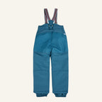 Kids' turquoise overalls with rounded front pockets and colorful striped straps