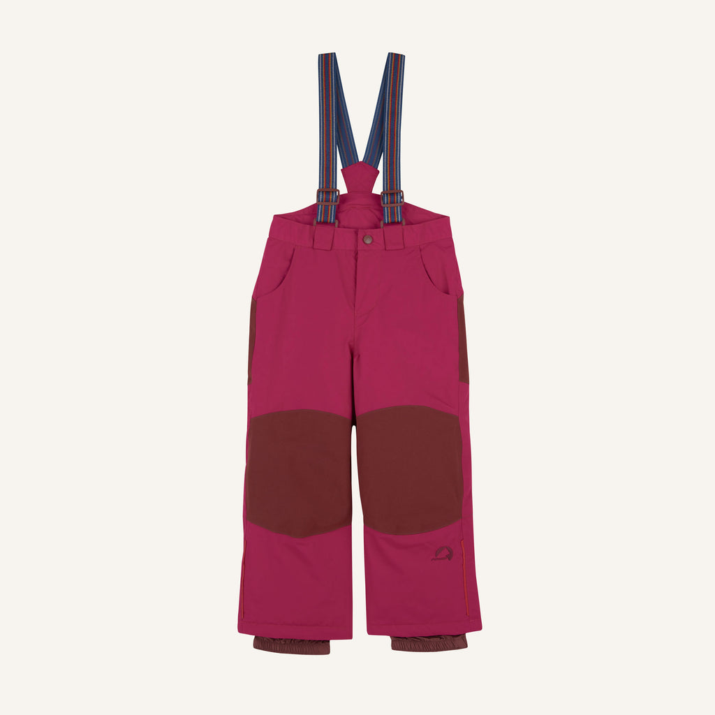 Kids' berry-colored overalls with dark knee patches and colorful striped straps