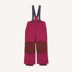 Kids' berry-colored overalls with dark knee patches and colorful striped straps
