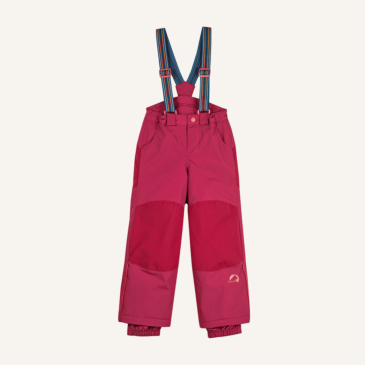 Kinder-Latzhose pink/rot mit Taschen und Knopfverschluss, Trägern mit bunten Streifen