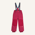 Kids' pink/red dungarees with pockets and button closure, featuring straps with colorful stripes