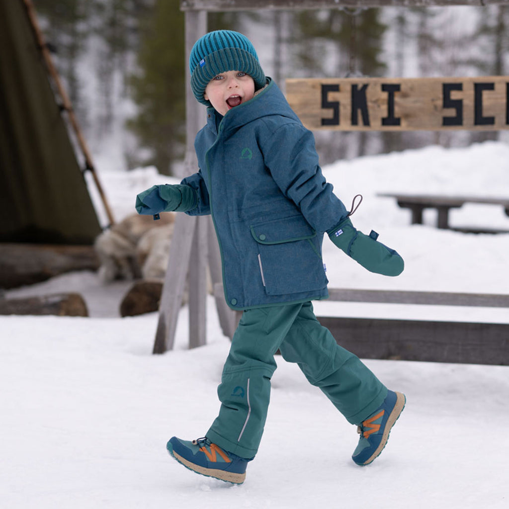 Children's overalls in petrol blue with shoulder straps, front buttons, and reinforced cuffs