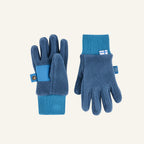 Blaue Handschuhe mit hellblau gestreiftem Bündchen und Knopfband