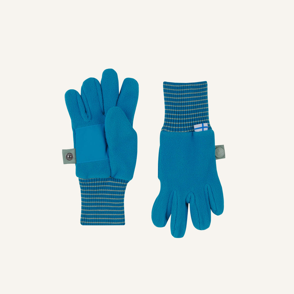 Türkisfarbene Handschuhe mit dunkelblau gestreiftem Bündchen und Knopfband