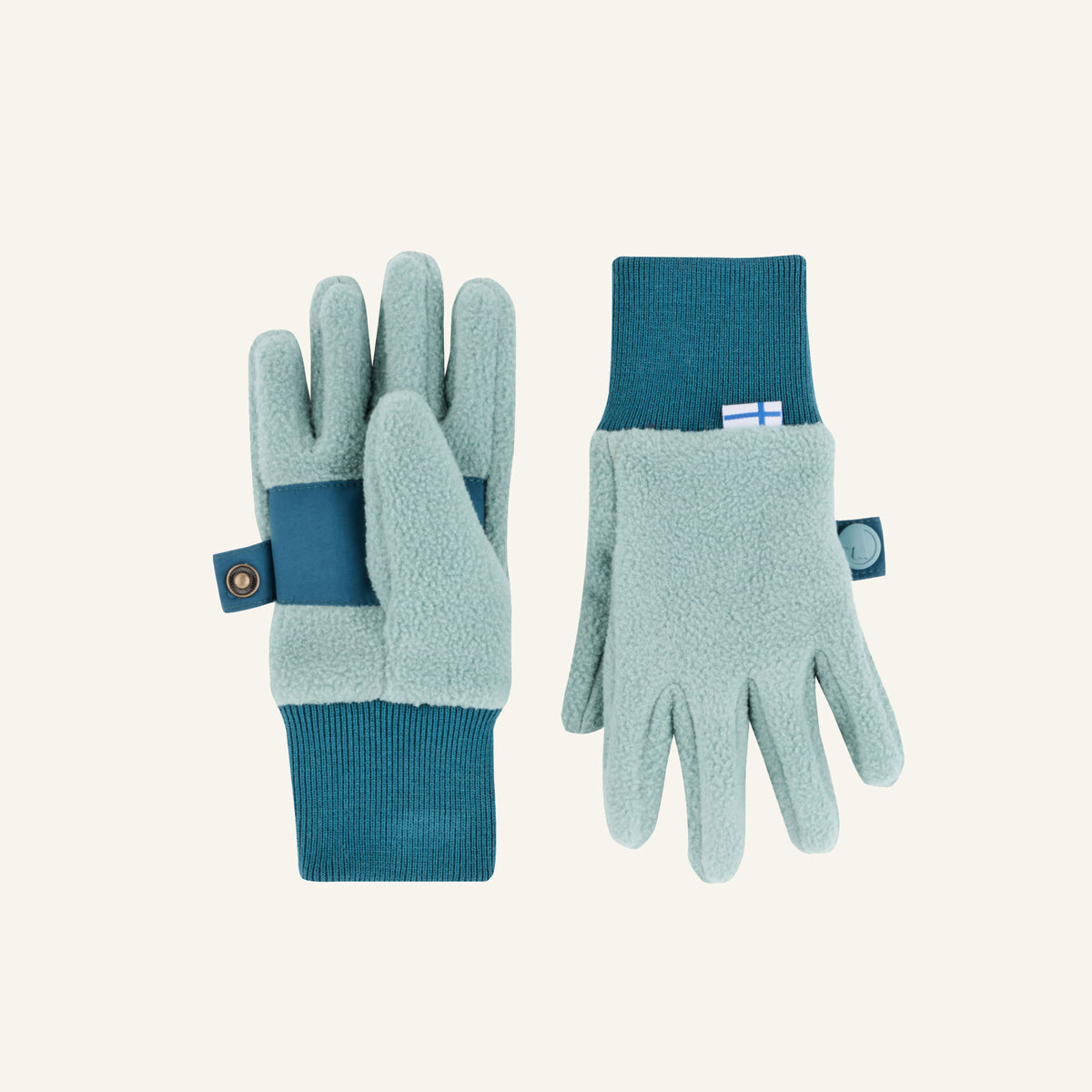 Hellgraugrüne Handschuhe mit dunkelblauem gestreiftem Bündchen und Knopfband