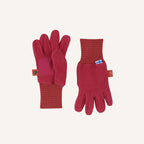 Rote Handschuhe mit kariertem rotem Bündchen und Knopfband