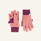 Rosafarbene Handschuhe mit beerenfarbenem gestreiftem Bündchen und Knopfband