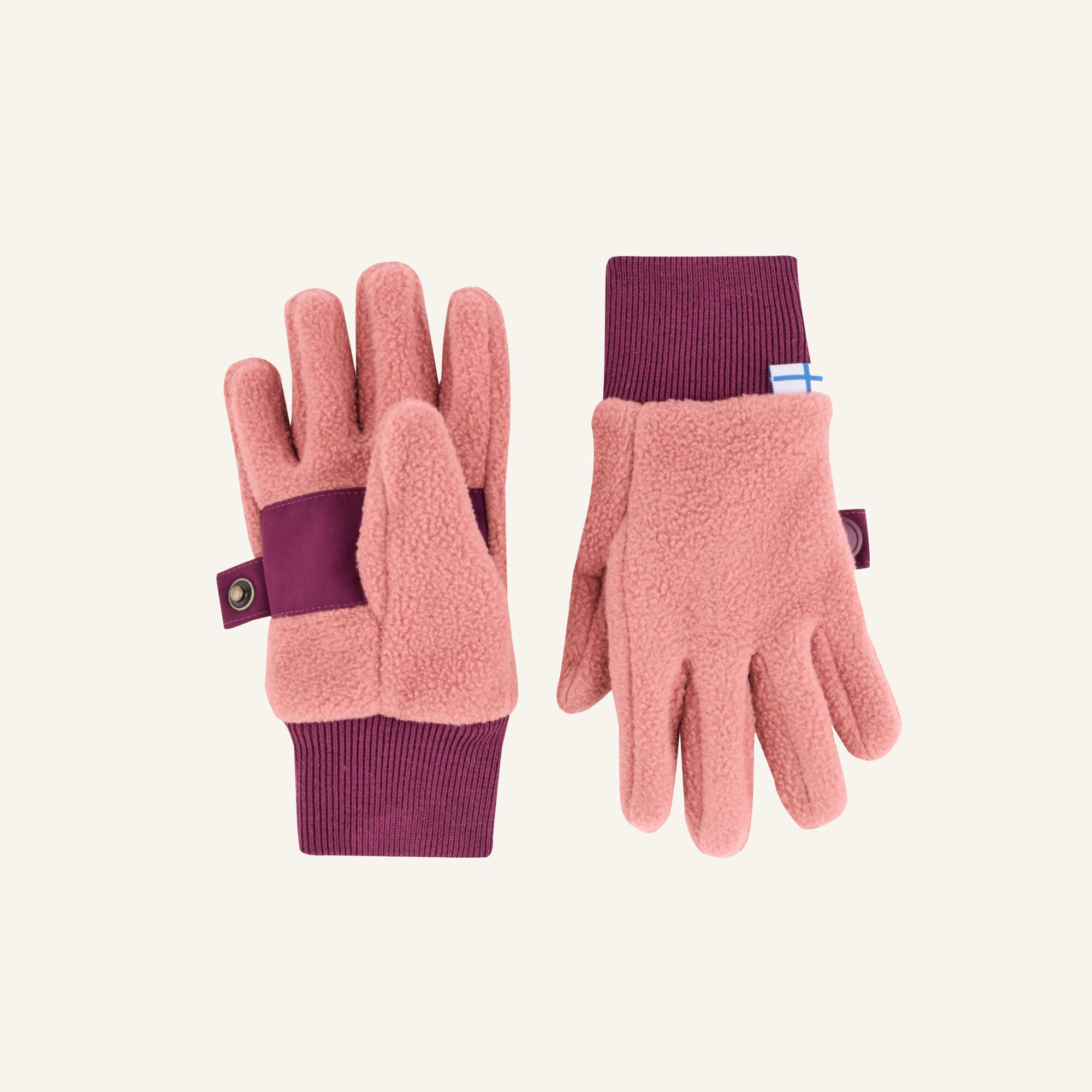 Rosafarbene Handschuhe mit beerenfarbenem gestreiftem Bündchen und Knopfband