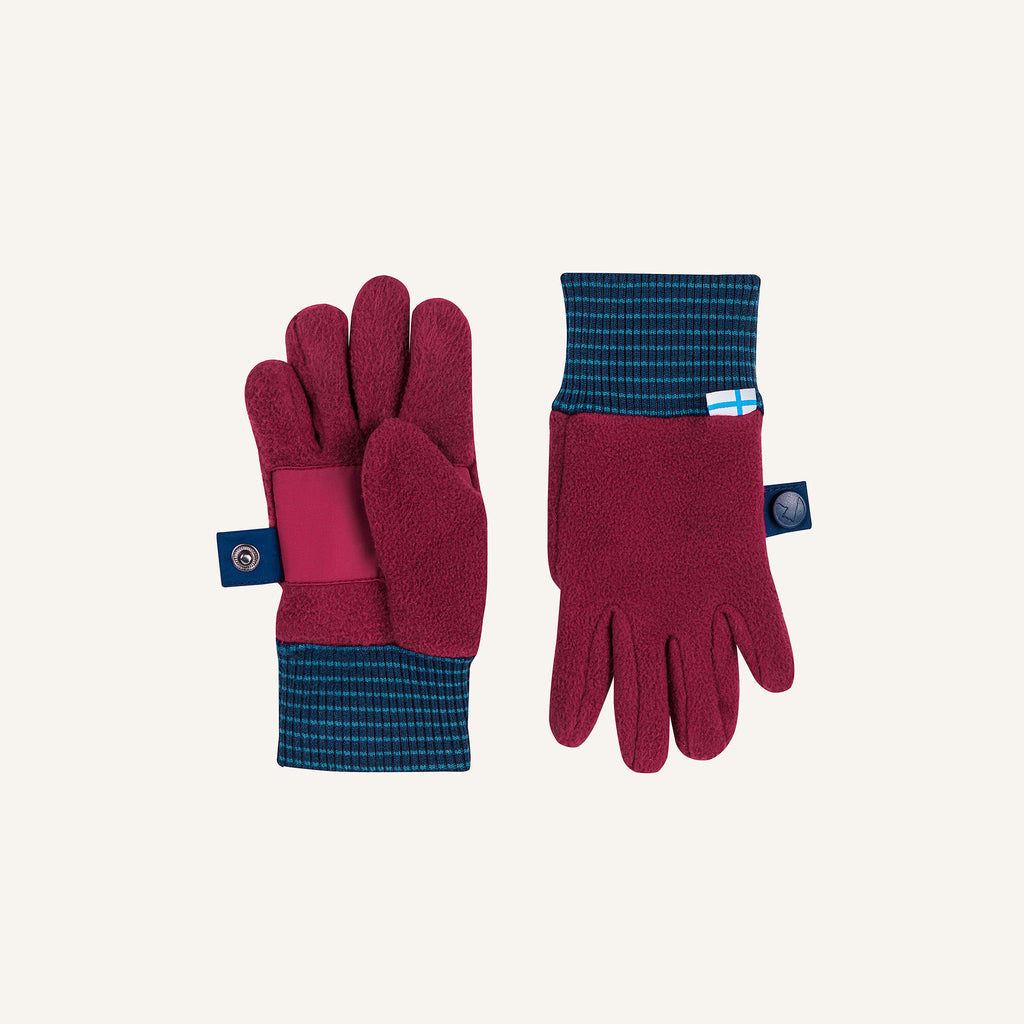 Burgunderrote Handschuhe mit blau kariertem Bündchen und Knopfband