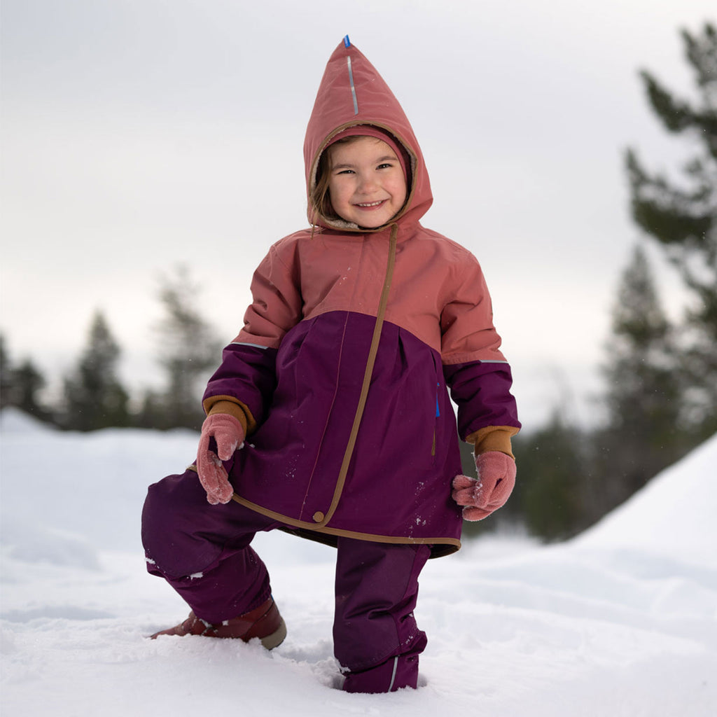 Kinder-Winterjacke mit Kapuze und Zipper, zweifarbig rostrot und lila