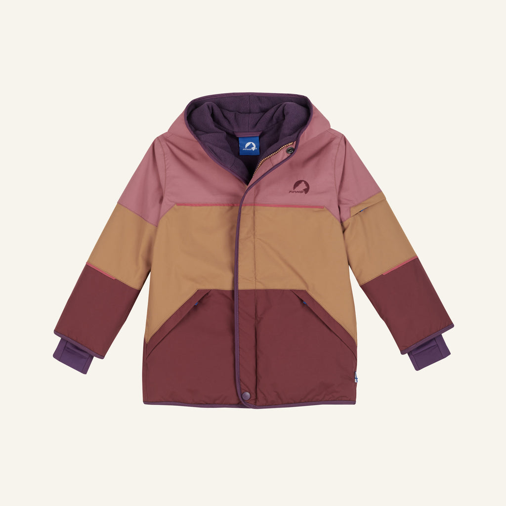 TAIKA SNOW Winter jacket with hood, zipper, and block design in purple, brown, and burgundy