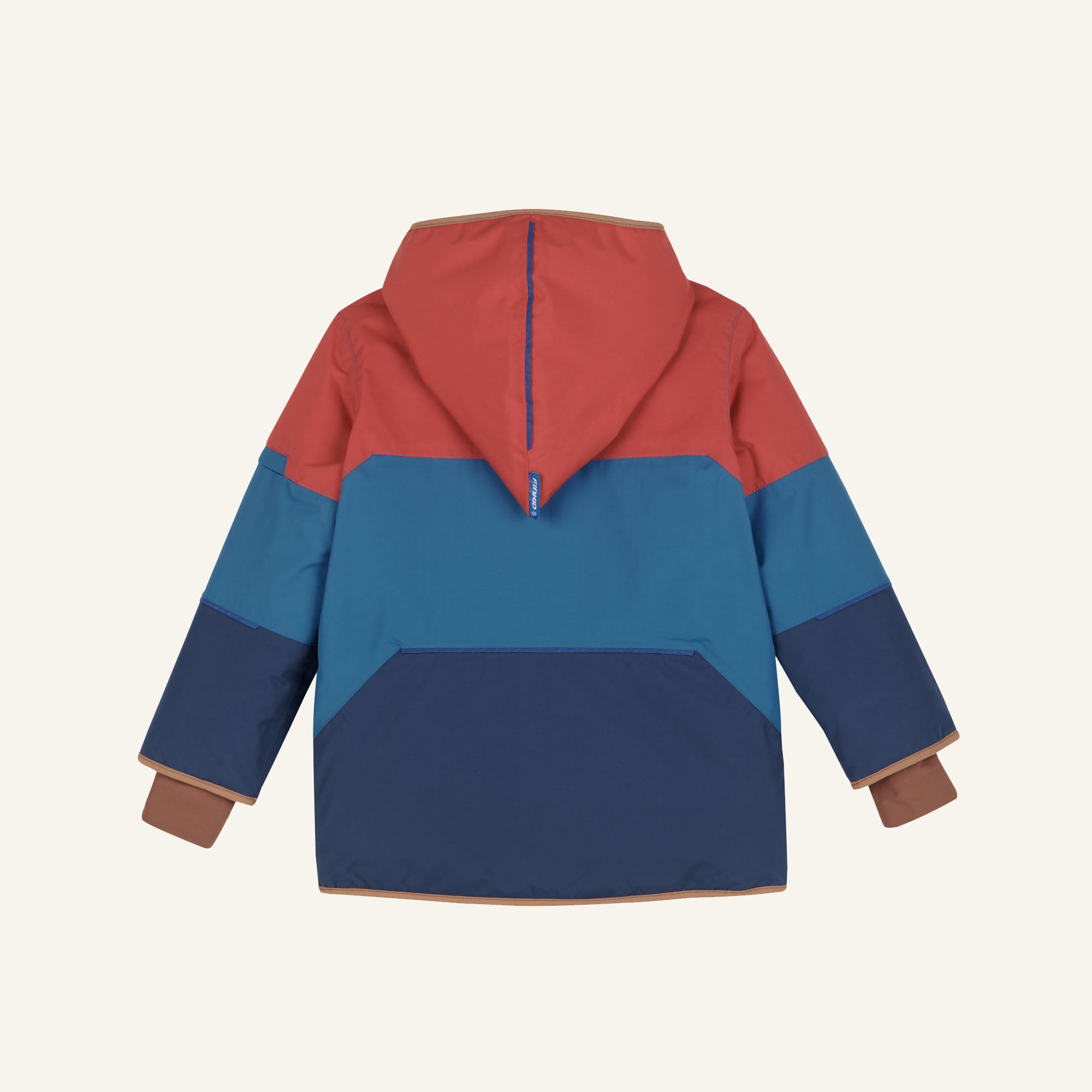 TAIKA SNOW Winter jacket with hood, rear view, block design in red and blue