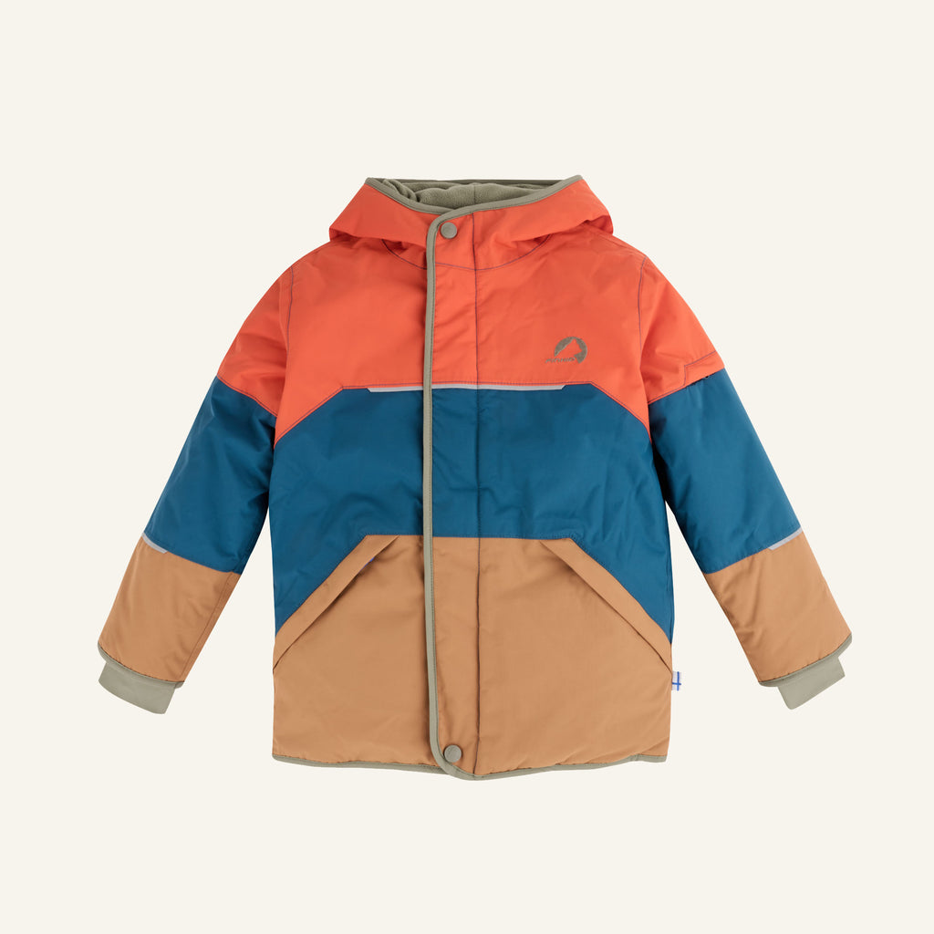 TAIKA SNOW Winter jacket with hood, orange-blue-brown block design and beige lining