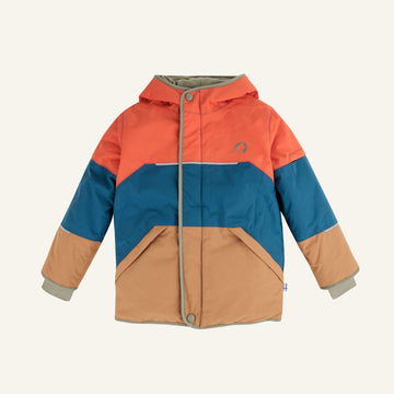 TAIKA SNOW Winterjacke mit Kapuze, orange-blau-braunes Blockdesign und beiges Innenfutter