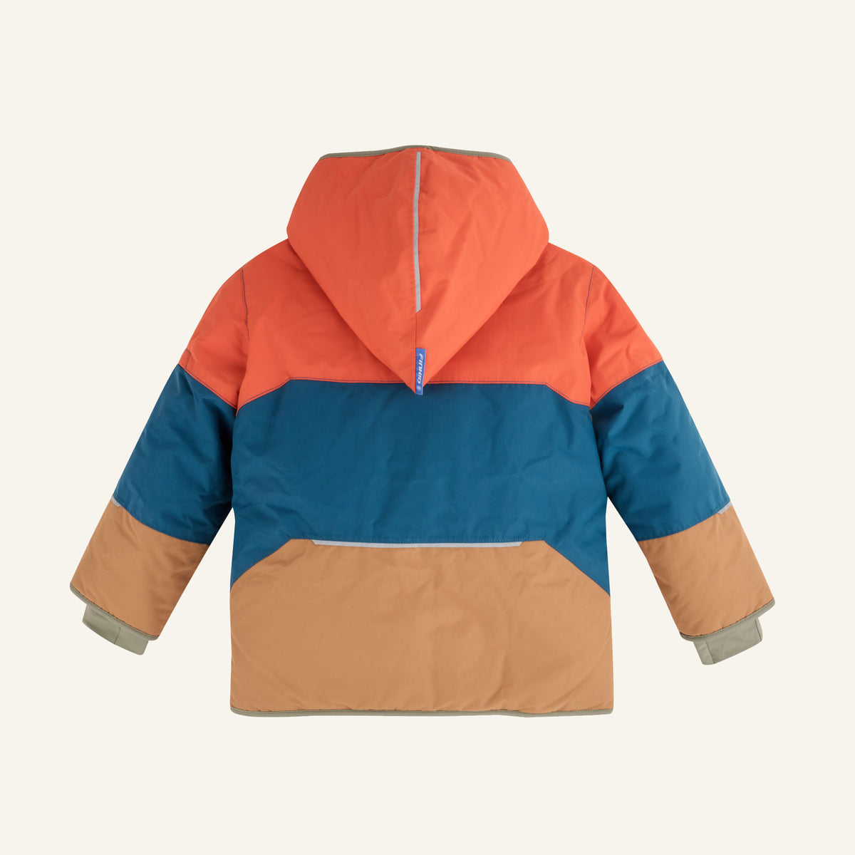 TAIKA SNOW winter jacket with hood in color block design, orange, blue, and beige