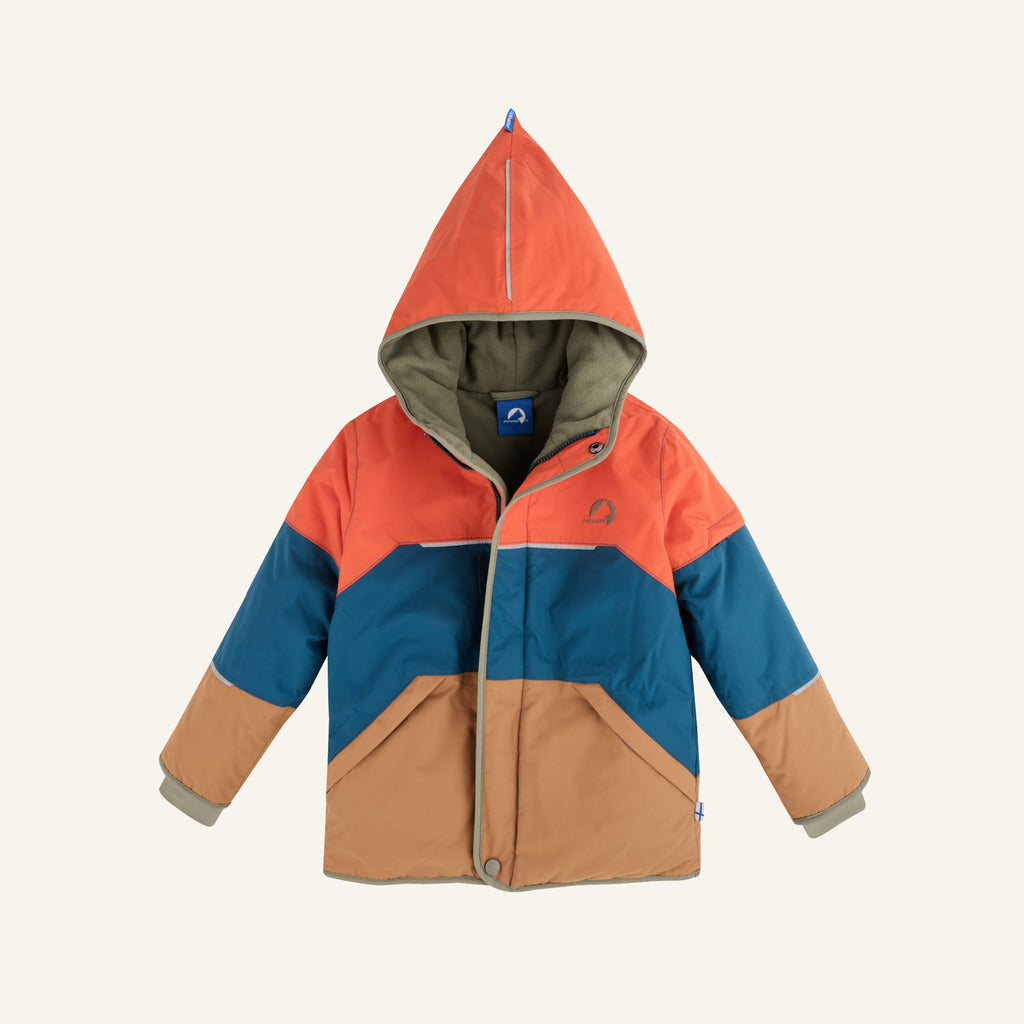 Children's winter jacket with hood, orange-blue-brown color blocks, and full-length zipper