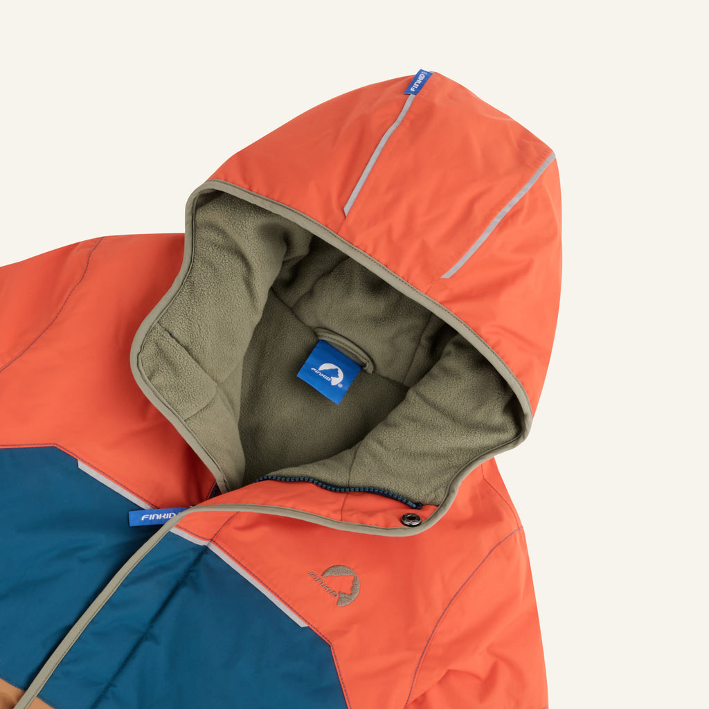 Children's winter jacket with hood and inner lining, orange-blue accents, and zipper