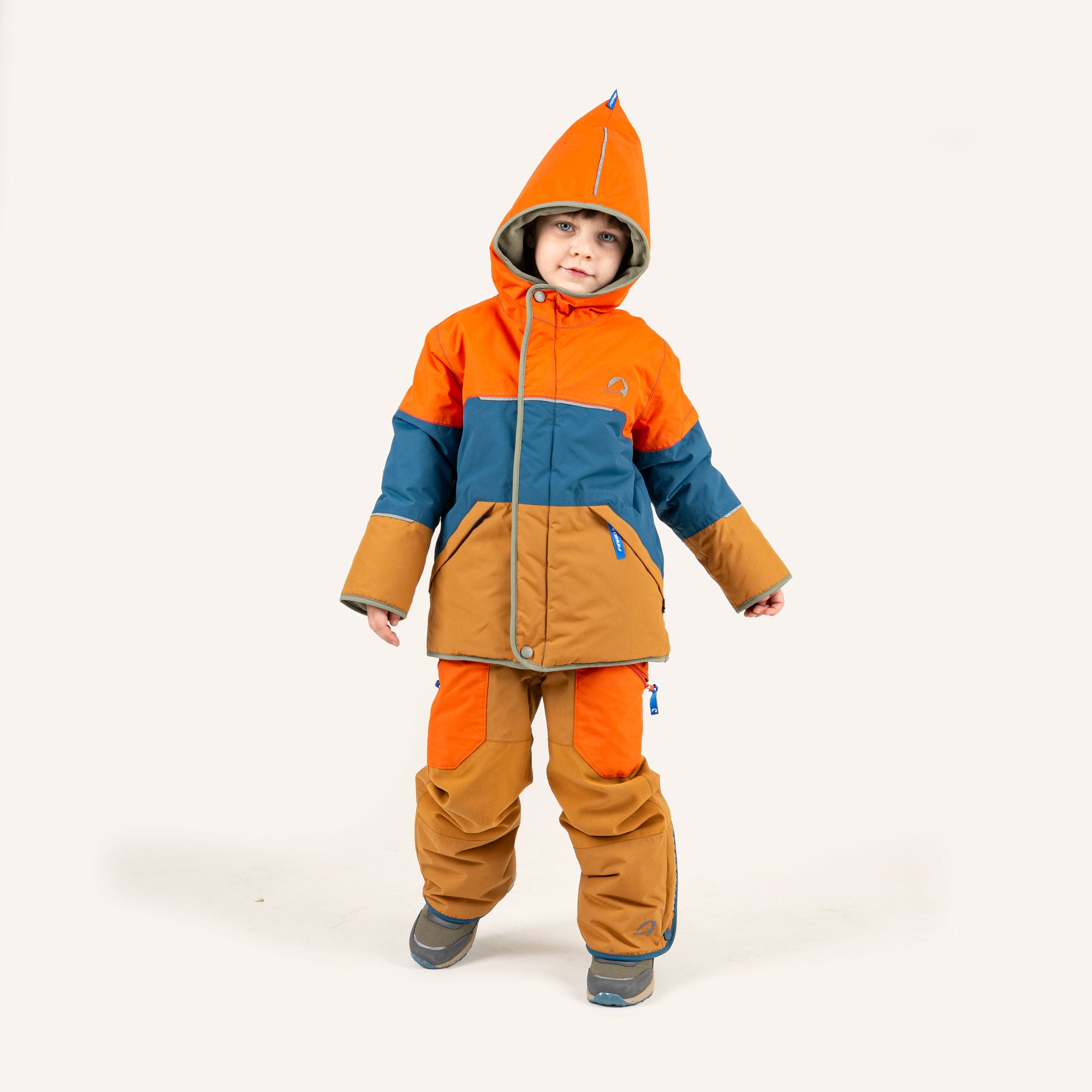 Kids' winter jacket with hood, orange and blue color blocks, front zipper