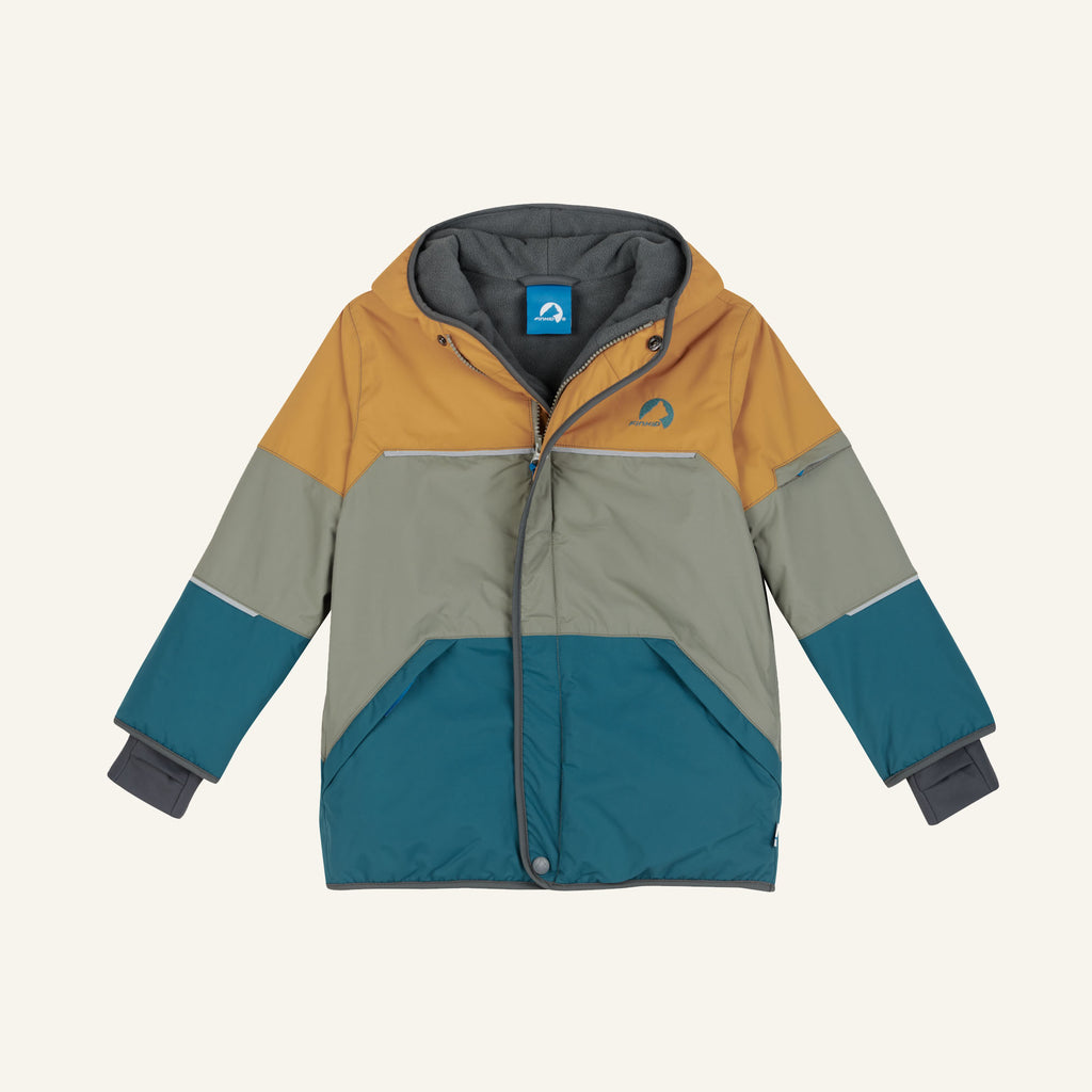 Kids' winter jacket with hood, caramel brown-gray and turquoise, front zipper