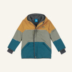 Kids' winter jacket with hood, caramel brown-gray and turquoise, front zipper