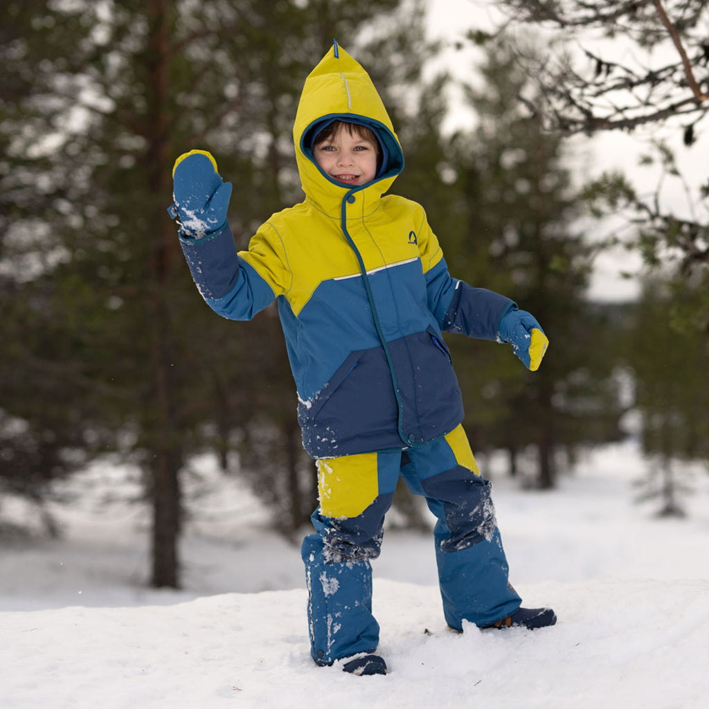 Children's winter jacket with hood, yellow and blue color blocks, weather-resistant zipper
