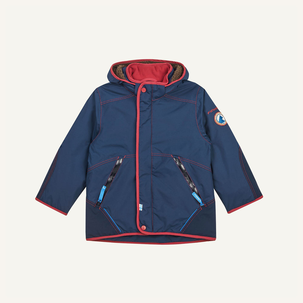 Winterjacke mit Kapuze, dunkelblau, pinken Ziernähten und Reißverschluss vorn